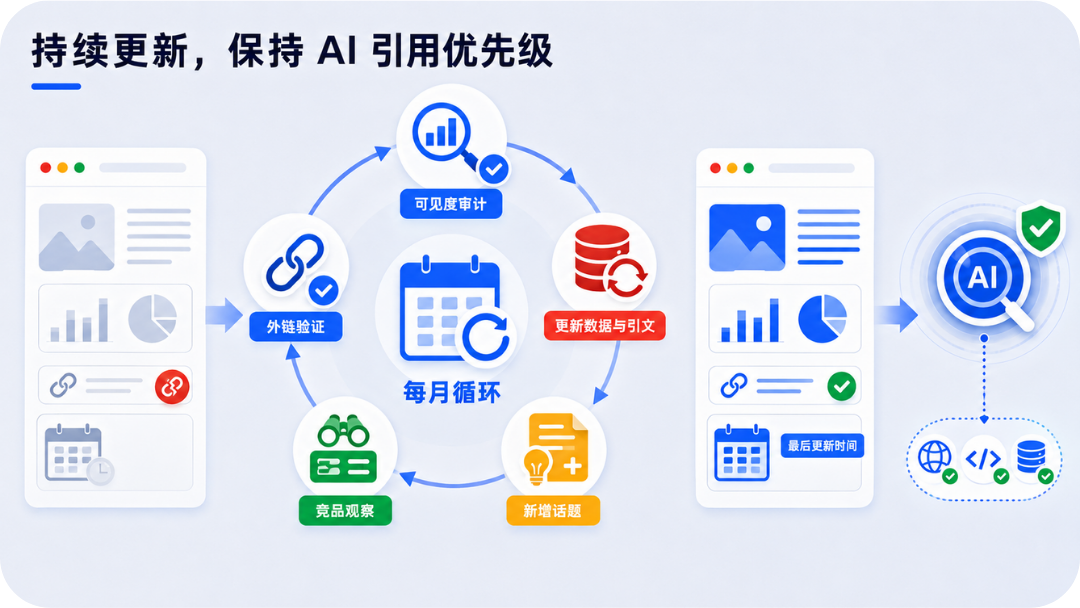 每月审计、更新引文、观察竞品和验证链接的GEO循环